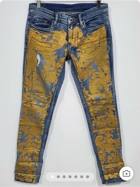 Blank NYC Blue Denim Skinny Jeans with Gold Jacquard Panels SZ 28